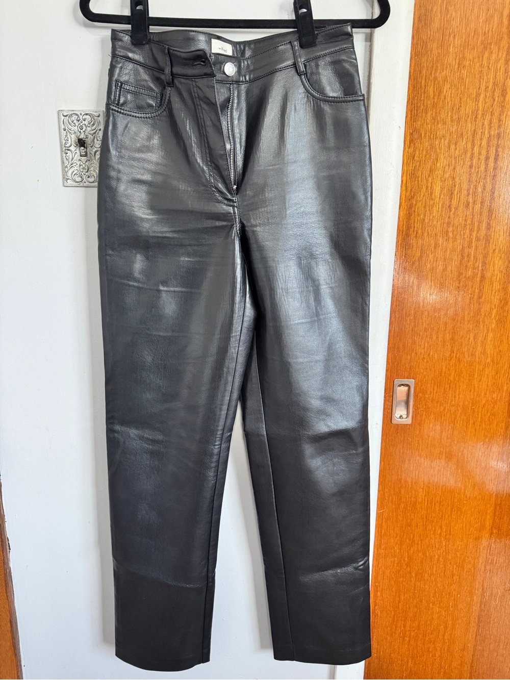 Babaton Black Faux Leather Straight-Leg Jeans